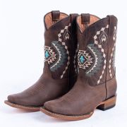 Crackle Brown With Aztec Embroidery Cowgirl Boots