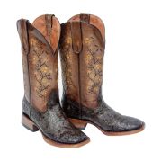 Barbara Hand Tool Burnished Brown Cowgirl Boots Whit Floral Embroidery Top