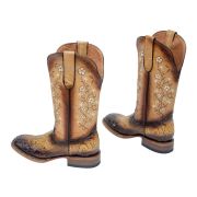 Gabriela Hand Tool Burnished Natural Tan Cowgirl Boots Whit Floral Embroidery Top