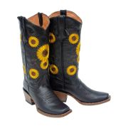 Galveston Vintage Black Cowgirl Boots Whit Sunflower Embroidery Top